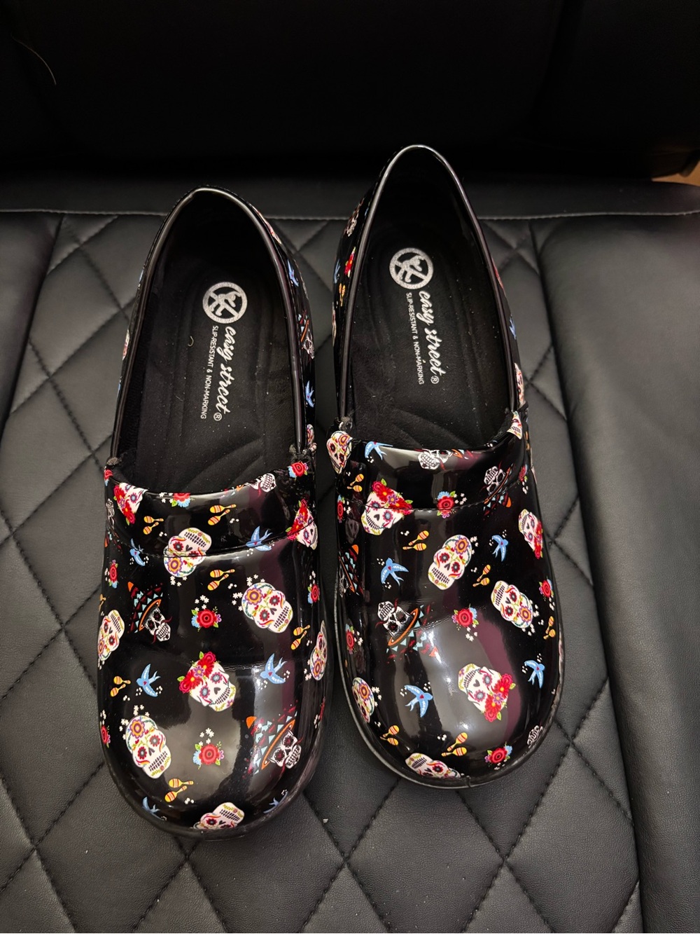 Easy Street nurse slip on shoes. Sugar skulls. 8 1/2